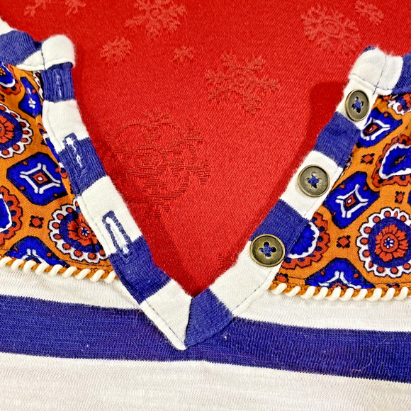 Anthropologie Postage Stamp Shirt Navy Striped Size M Roll Tab Sleeves Boho Chic - Picture 3 of 10